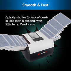 ShuffleBox S1 shuffles two decks in about two seconds.