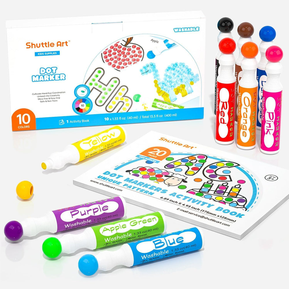 Shuttle Art 10-color dot markers front view showing vibrant pigments for creative play