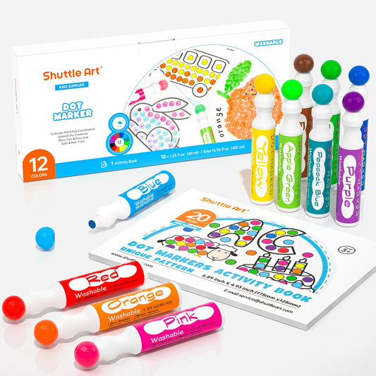 Shuttle Art Dot Makers showcases 12 colors for vibrant dot painting and fine motor practice.