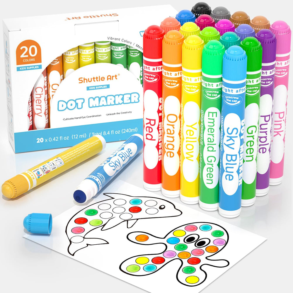 Shuttle Art dot markers in 20 colors for vibrant kids' art sessions.