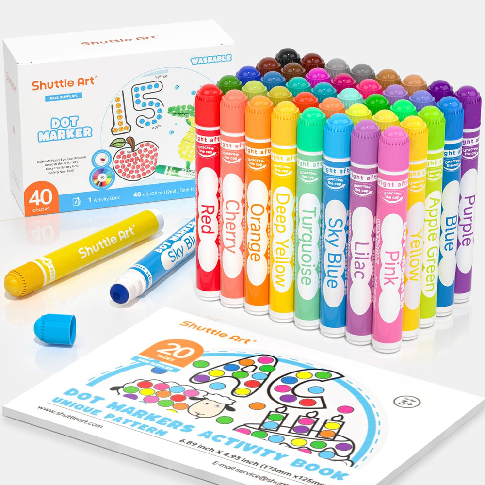Shuttle Art dot markers set with 40 colors for vibrant coloring sessions.