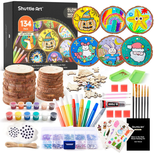Shuttle Art kids wood painting kit with colors and brushes for creative play.