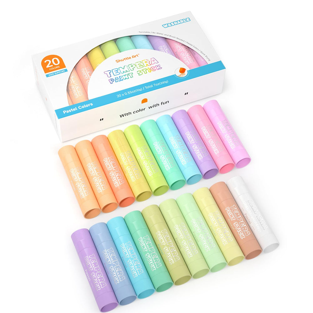 Shuttle Art tempera paint sticks in 20 pastel colors for kids' art projects