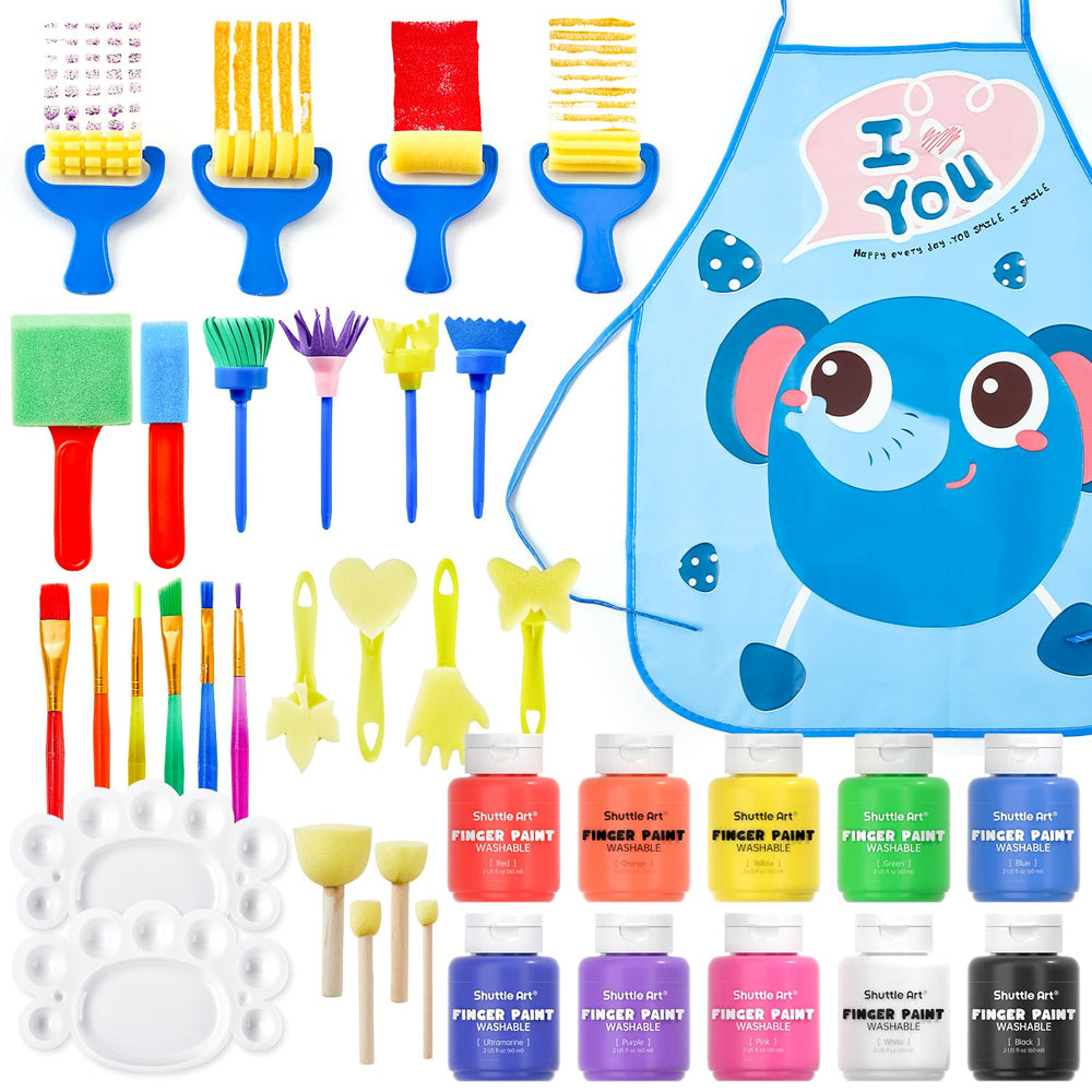 Shuttle Art Washable Finger Paint Set bottles in bright colors for easy cleanup