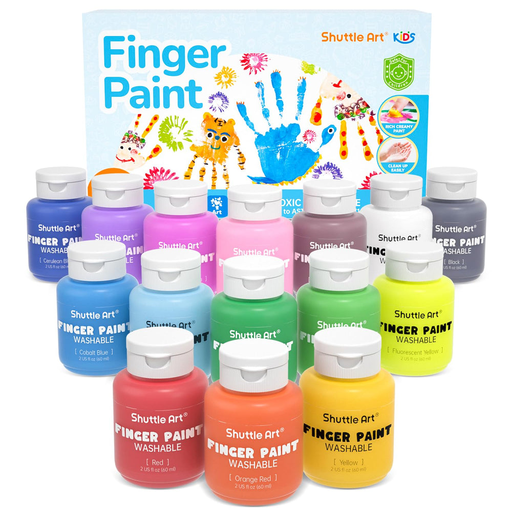 Shuttle Art washable finger paints in 15 colors for vivid, kid-safe art projects.