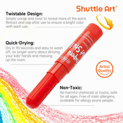 Shuttle Art tempera paint sticks feature twistable barrels for easy grip.