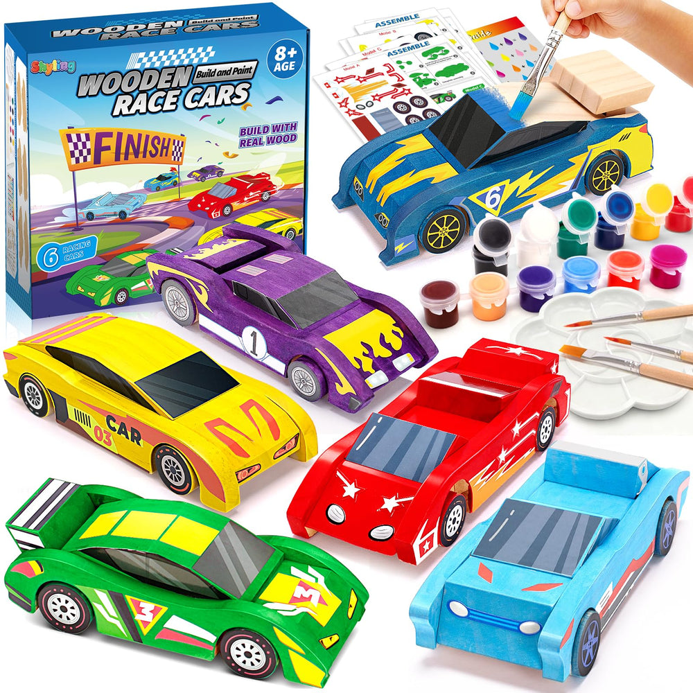 Shyling wooden race car pieces for a hands-on crafting project.