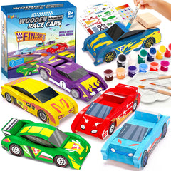 Shyling wooden race car pieces for a hands-on crafting project.