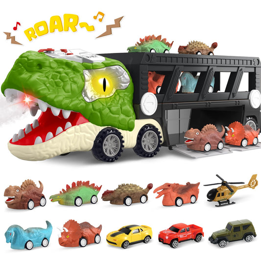 ShyLizard big-dinosaur-transport-truck boosts organized play with stored mini cars.