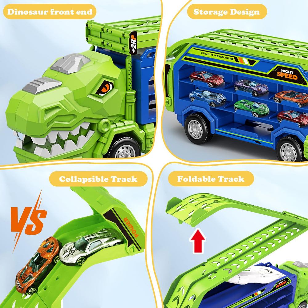ShyLizard dinosaur carrier truck with foldable tower for realistic racing setup.