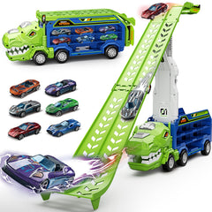 ShyLizard dinosaur carrier truck with foldable track for portable racing fun.