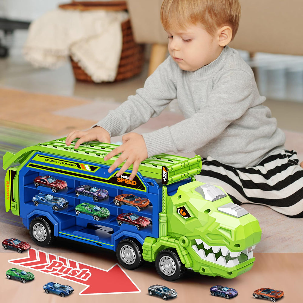 ShyLizard dinosaur carrier truck features a portable foldable design for on-the-go fun.