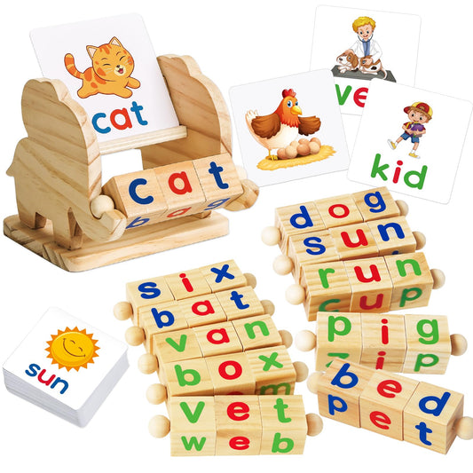 ShyLizard elephant-tray reading blocks foster early literacy with vowel tiles.