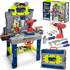 ShyLizard kids tool bench with realistic drill promoting imaginative construction play.