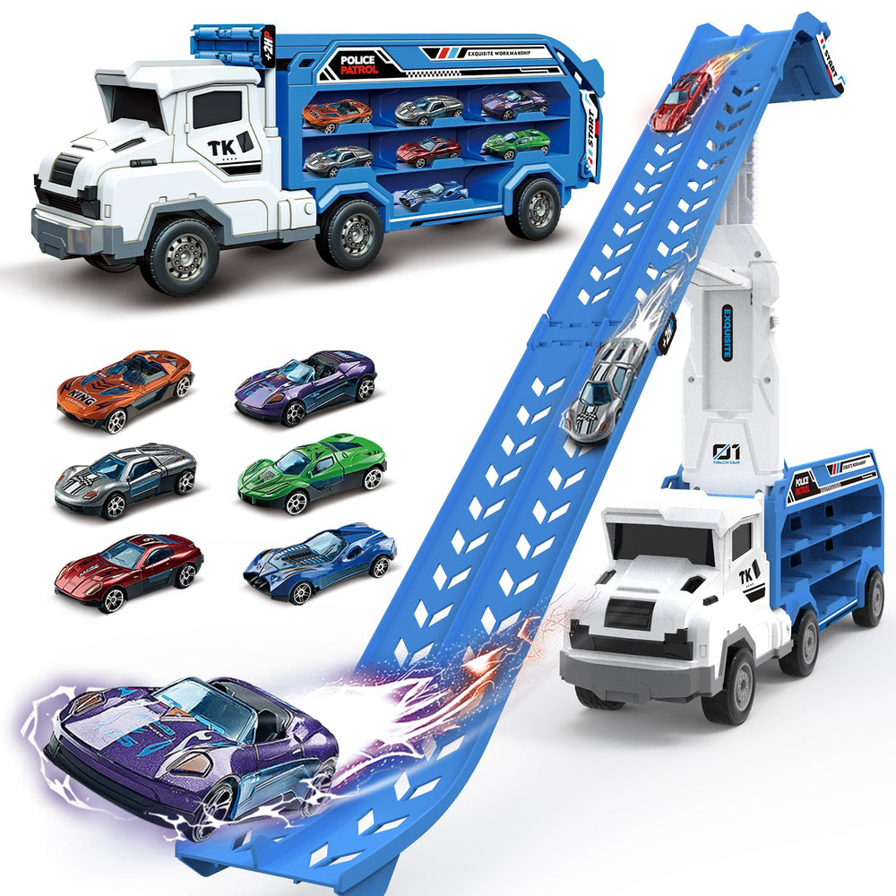 ShyLizard toddler car carrier truck with blue foldable track for versatile indoor and outdoor play.