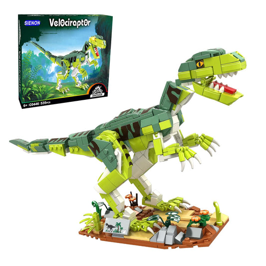 SIENON Velociraptor building toy unboxing shows 533 pieces for imaginative construction