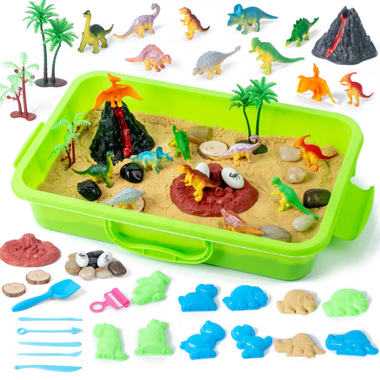 Sikmcle dinosaurs in the sensory bin for imaginative play and motor skills