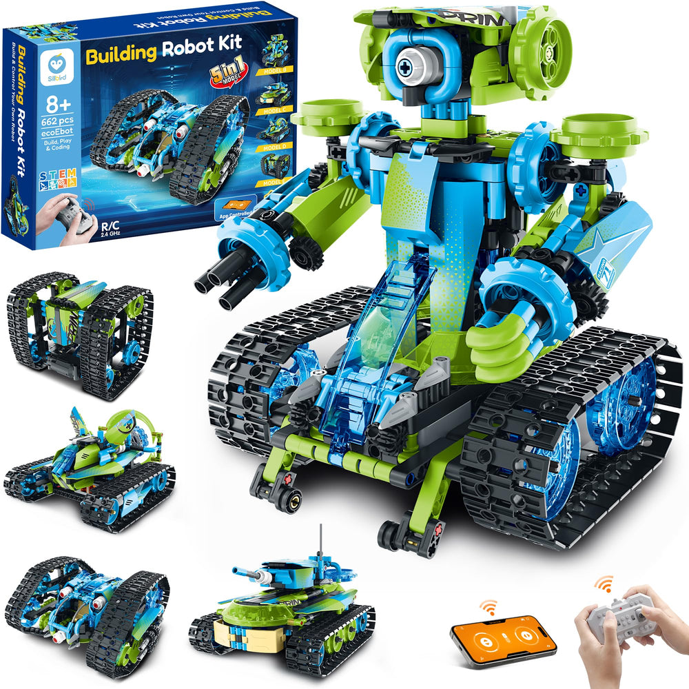 Sillbird robot car kit front view shows sturdy blue-green parts for STEM play