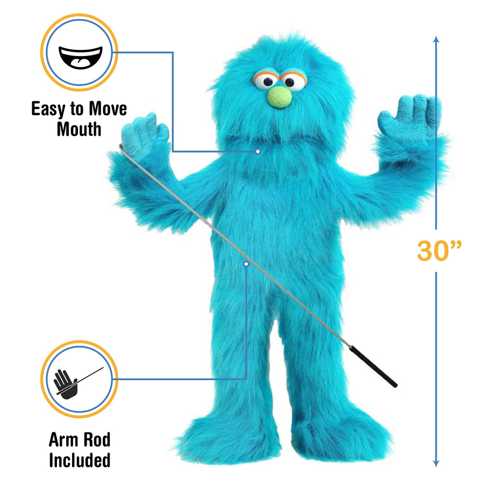 Silly Puppets blue monster puppet big eyes captivate audiences during shows.