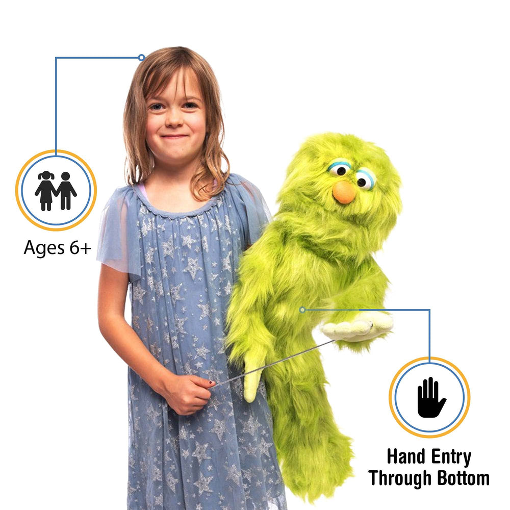 Silly Puppets green monster puppet face close-up with expressive eyes for dynamic dialogue.