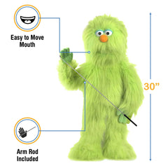 Silly Puppets green monster puppet mouth detail highlighting easy movement and accessibility.