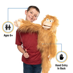 Silly Puppets monkey close-up of large expressive eyes for engaging performances.