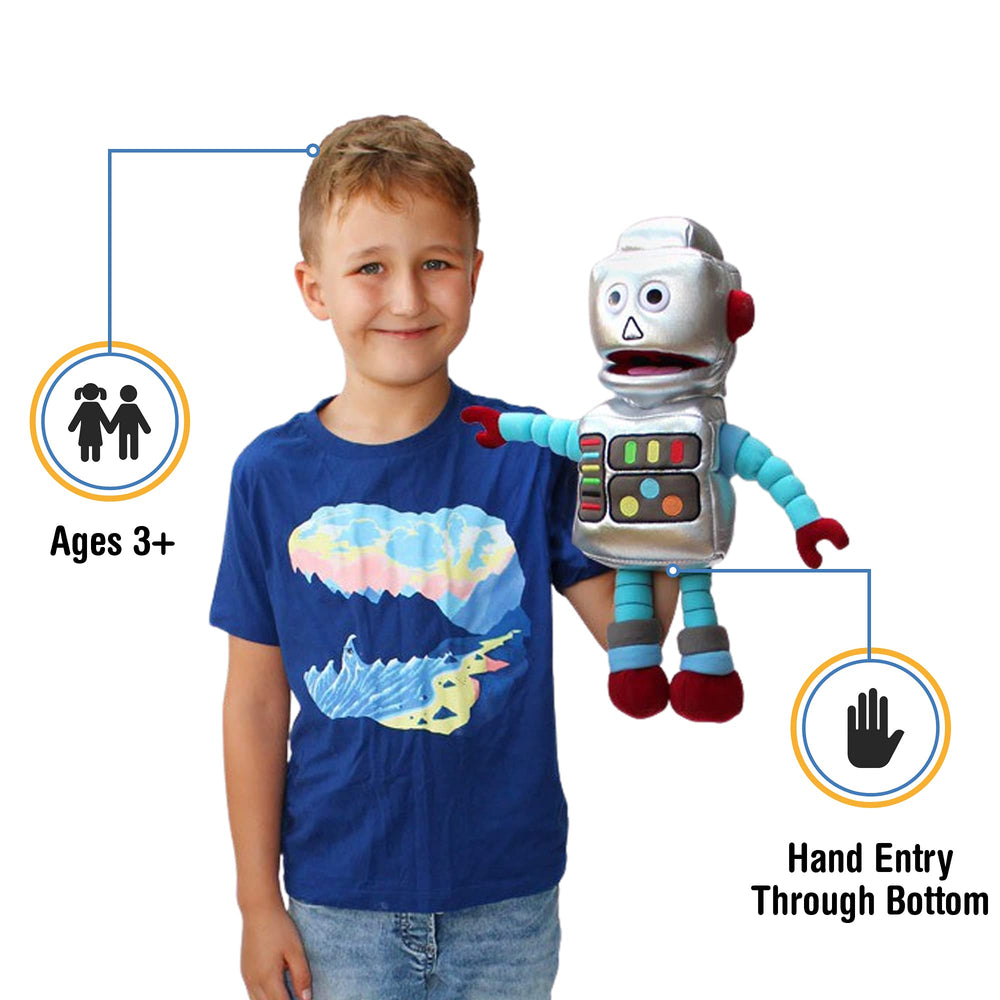 Silly Puppets robot hand puppet demonstrates lively mouth movement for performances.