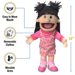 Silly Puppets Susie Peach Girl measures 14 inches for engaging home play.
