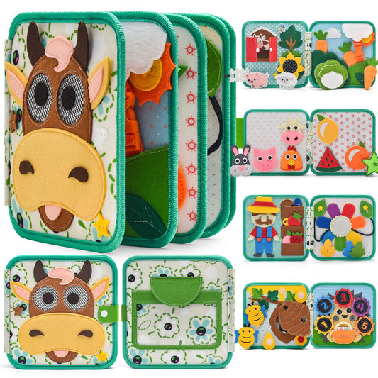 Silouka Montessori Busy Book cover page with farm animals for curious toddlers during travel.