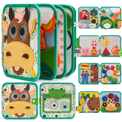 Silouka Montessori Busy Book cover page with farm animals for curious toddlers during travel.
