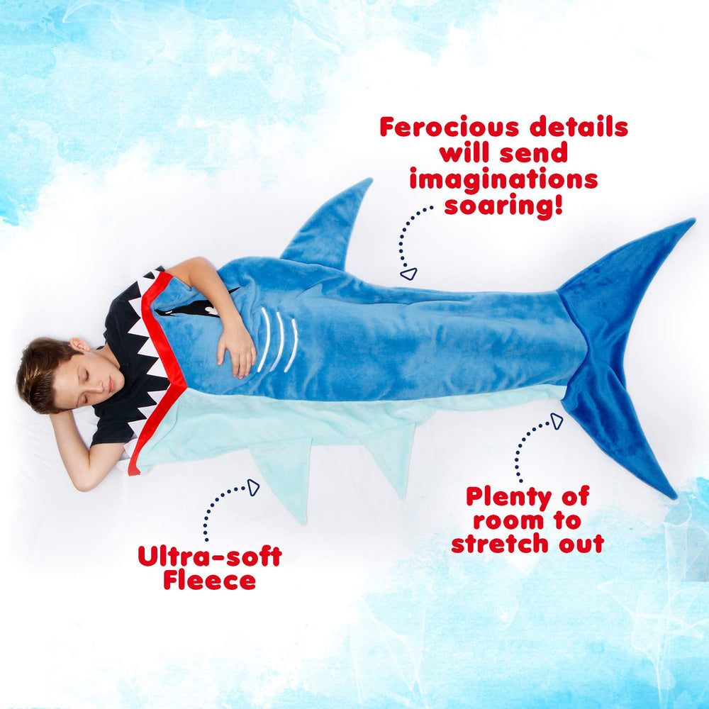 Silver Lilly Shark Tail Blanket kid wearing with room to stretch.