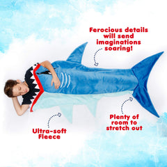 Silver Lilly Shark Tail Blanket kid wearing with room to stretch.