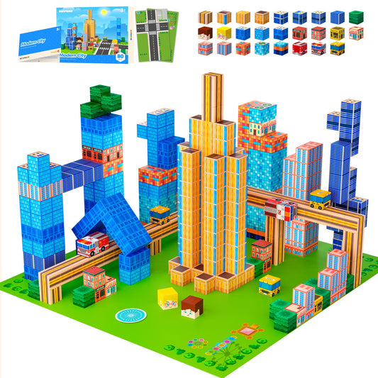 SILYMOLY Modern City Edition assembly shows kids building a futuristic skyline.