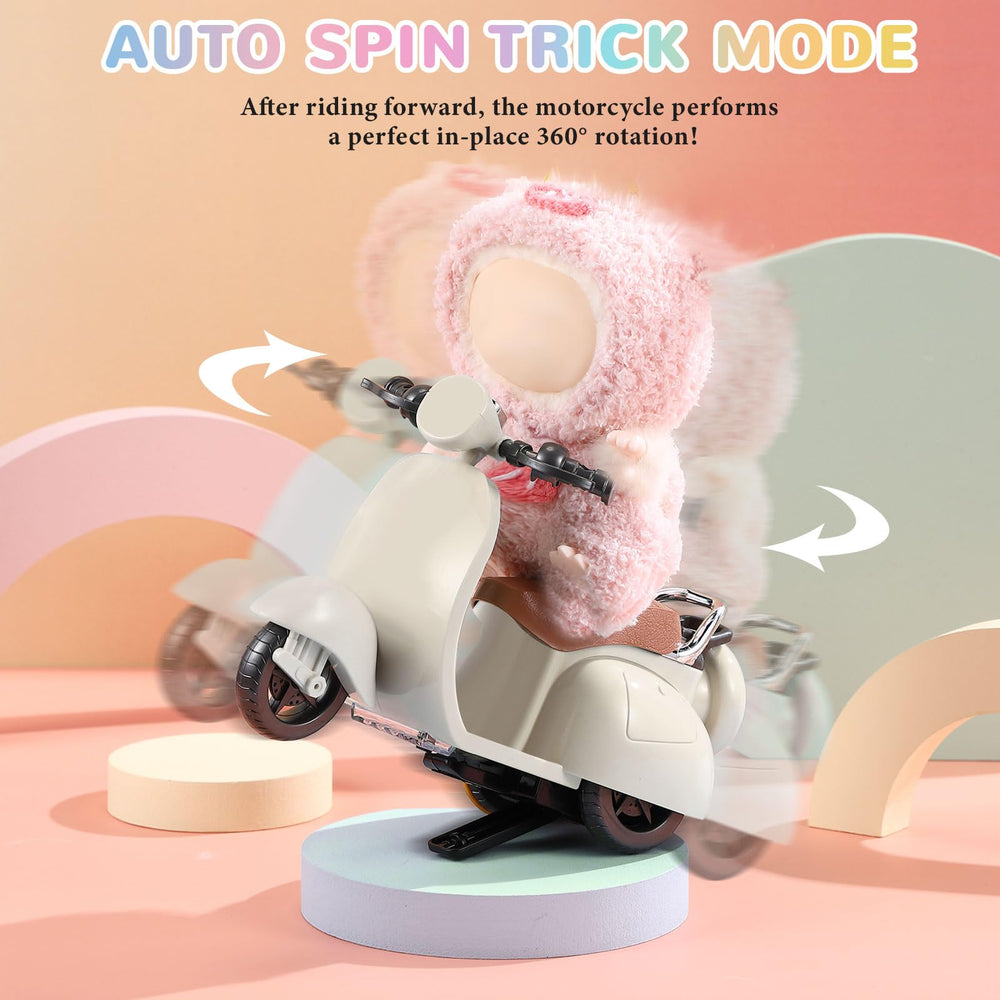 Simgoing green scooter with vibrant lights enhances doll adventures.