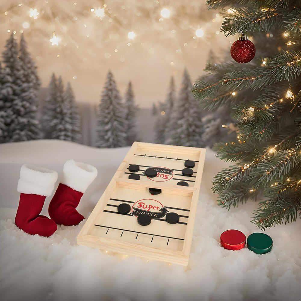 SIMPLENICE Action-packed puck slides on a clean wooden surface.