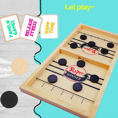 SIMPLENICE Wooden frame and pucks showcase durable, natural materials for family fun.