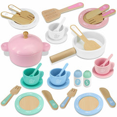 SIMPLIPLAY wooden plates and cups for kids, durable playware for pretend meals.