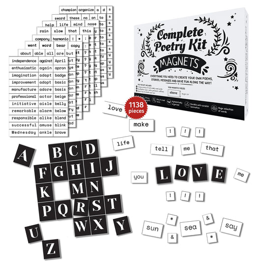 Simply Magic 1138-piece magnets kit on fridge with creative writing words