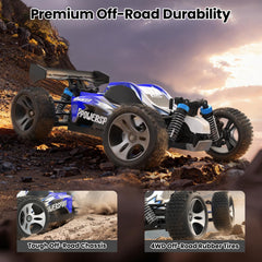 SIMREX 1:18 scale 4WD RC car blue rear view highlights rugged undercarriage