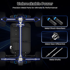 SIMREX blue metal shocks close-up shows durable suspension for jumps