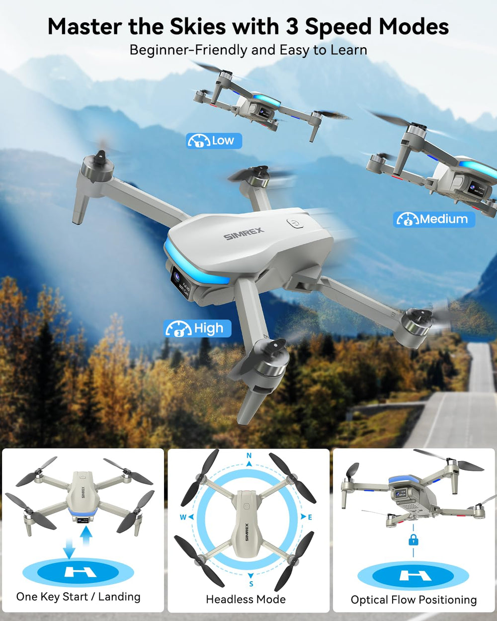 SIMREX brushless motors provide quiet, powerful lift for smooth flights.