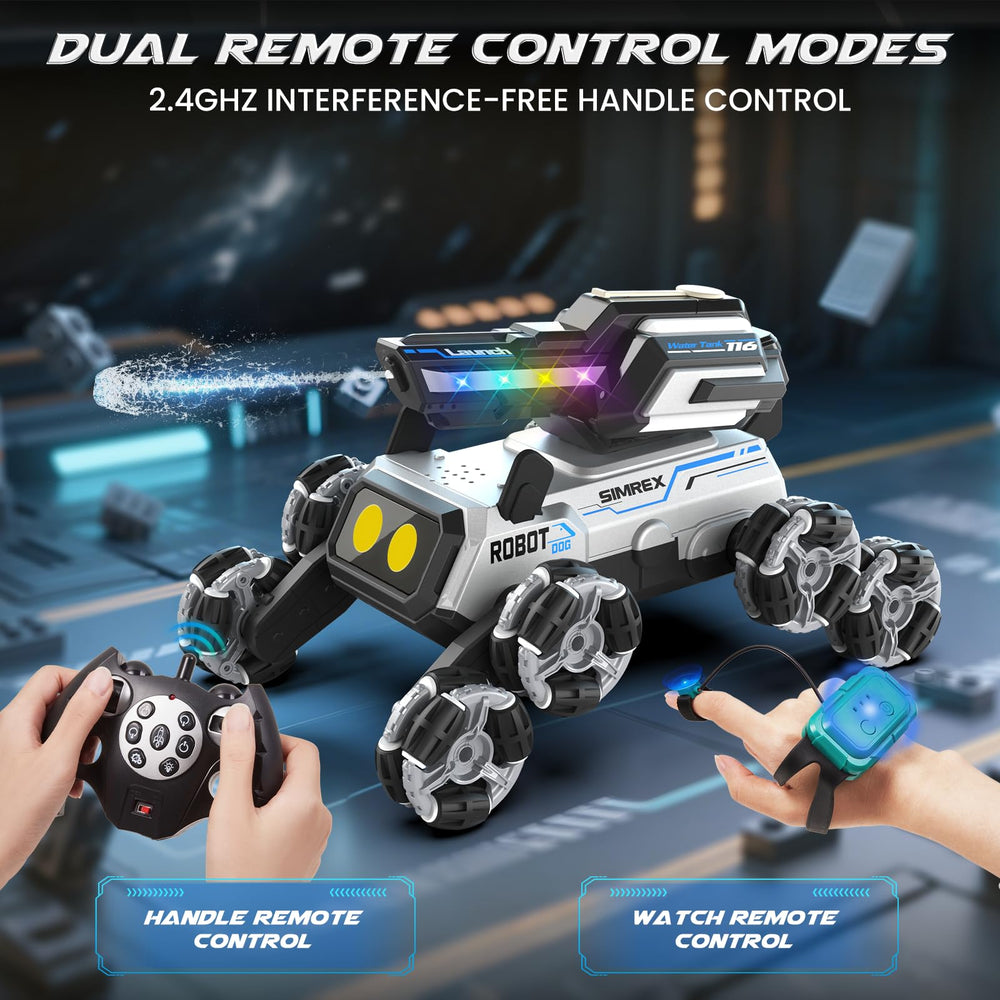 SIMREX robot dog water-turret ready to spray during action.