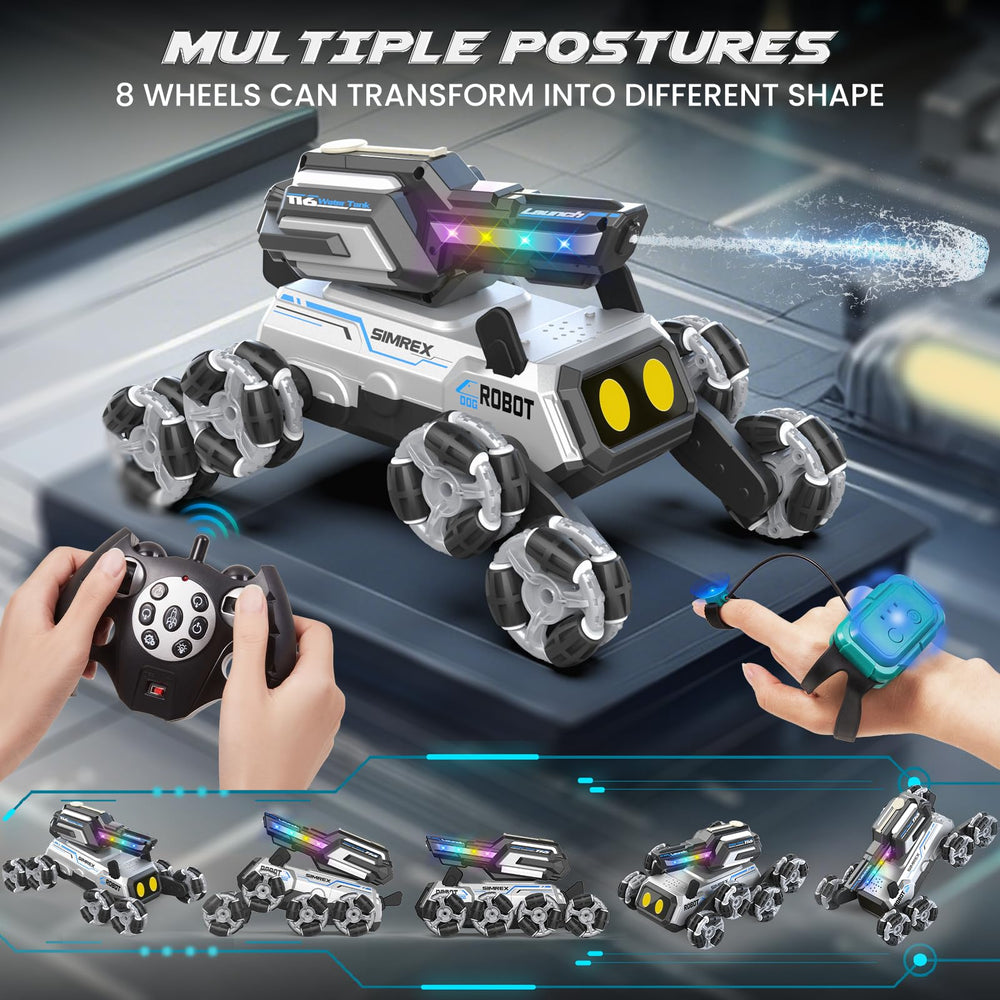 SIMREX robot dog close-up showing mecanum wheel layout for 360° mobility.