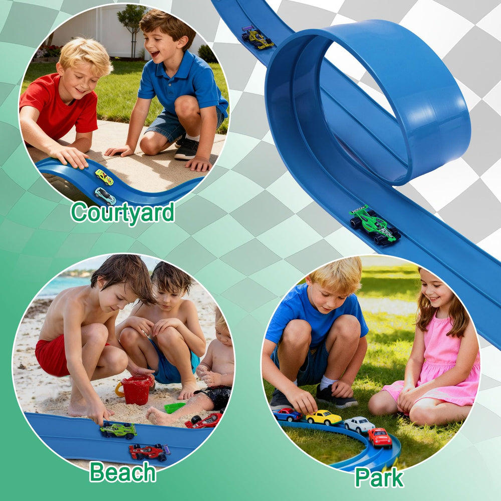 SINBEN indoor-outdoor racing play with the blue track and cars
