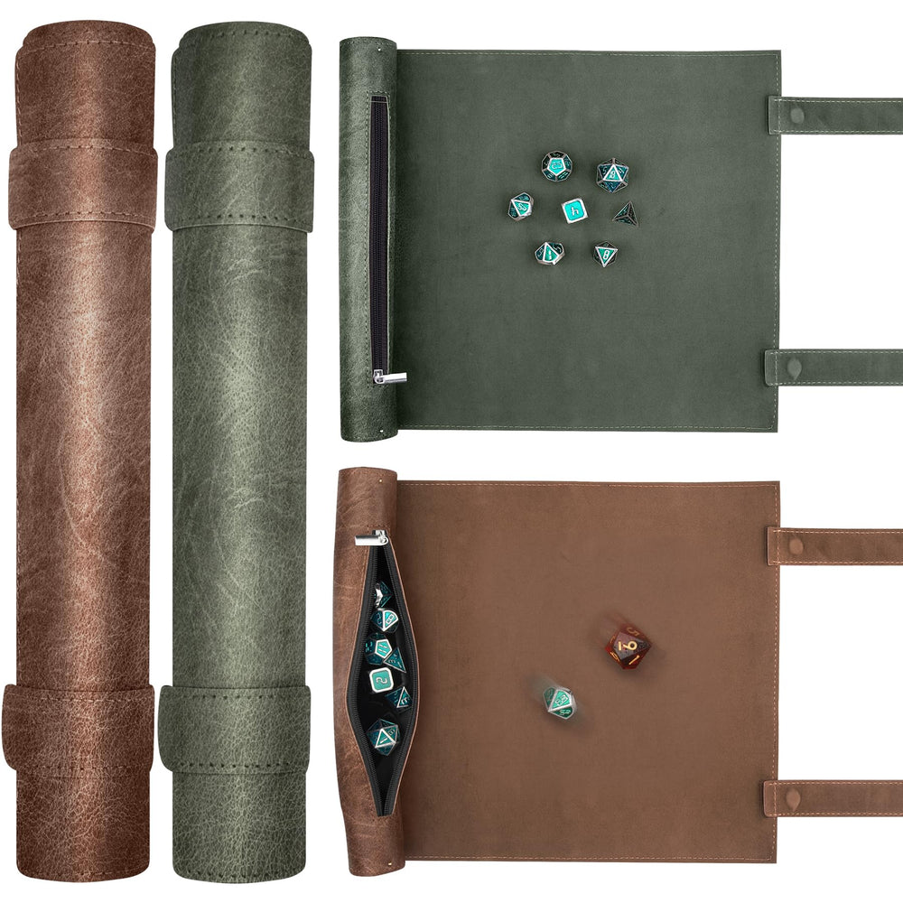 SIQUK dice scroll mat green unfolded with magnetic straps for portable RPG sessions.