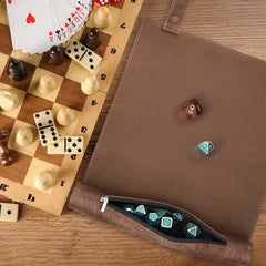 SIQUK dice tray camel folded compact design with zipper pocket for easy access.
