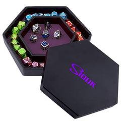 SIQUK dice tray with lid in purple hexagon keeps dice organized during RPG sessions