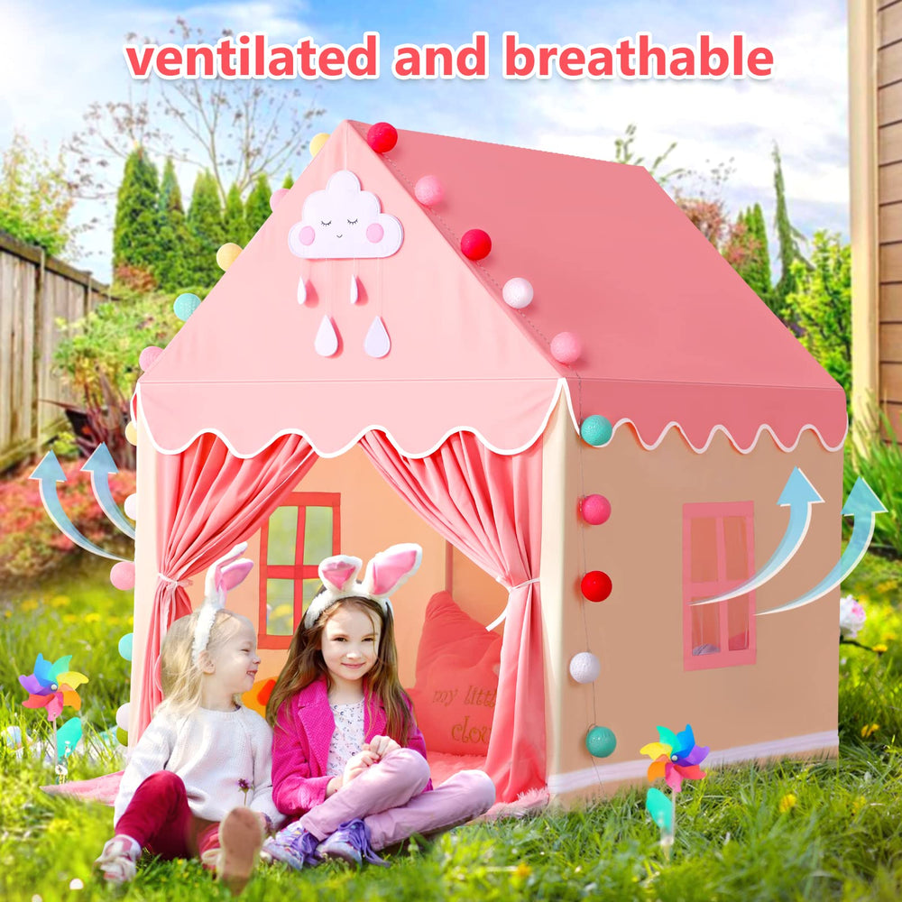 SISTICKER exterior view of the pink princess castle tent for outdoor use.