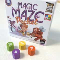 Sit Down! Magic Maze Pocket components laid out with FSC-certified materials.