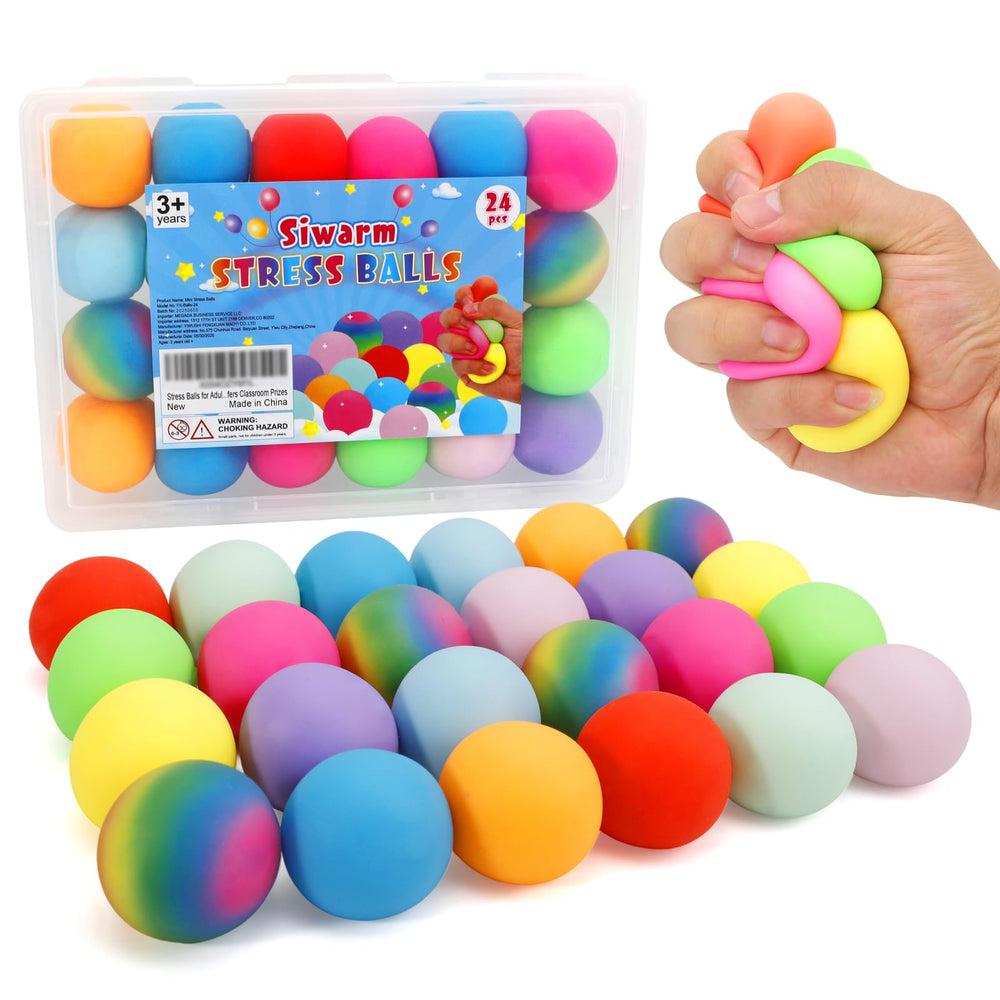 Siwarm 24-pack colorful stress balls in palm size for quick desk relief.